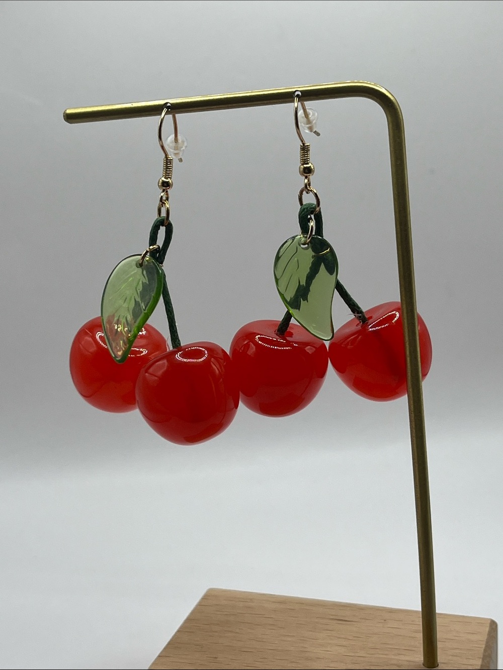 Red Cherry Dangle Earrings with Green Leaf Detail